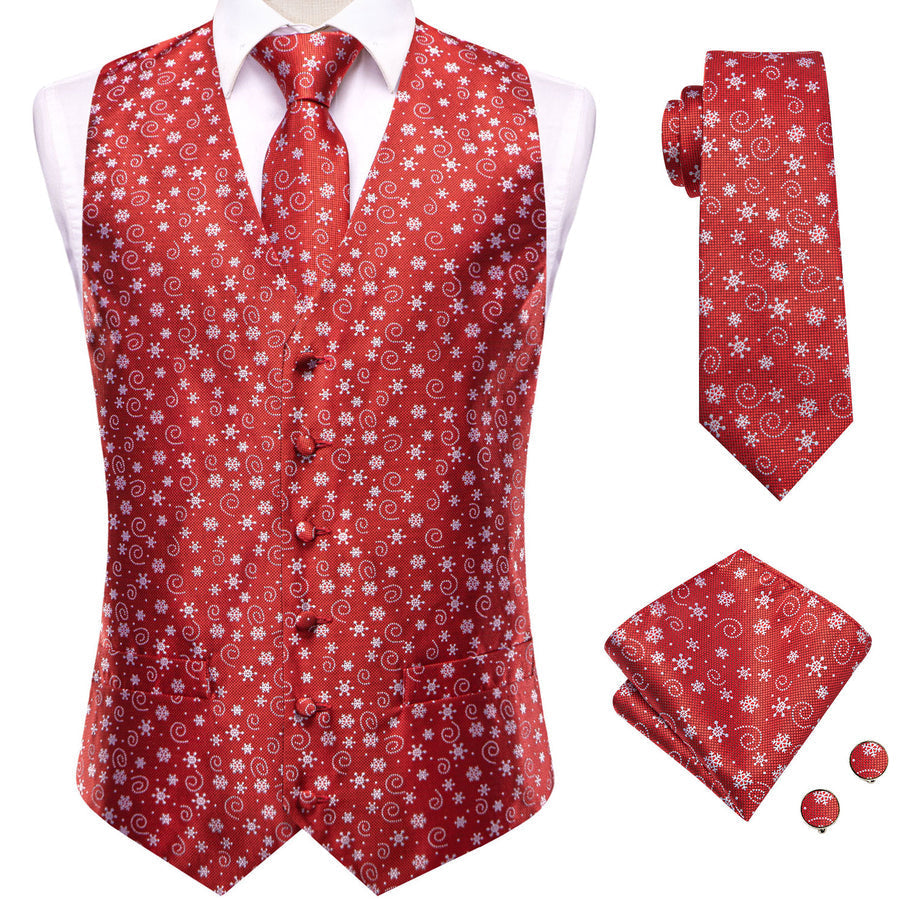 Red White Snowflake Novelty Jacquard Silk Vest Set vest set    - Sophisticated Gentlemen