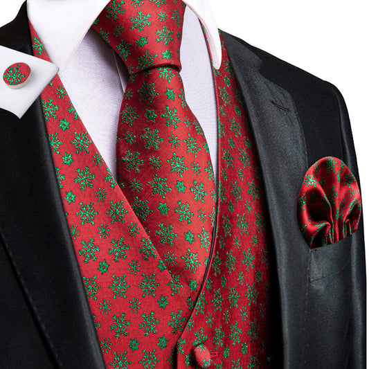 Red Green SnowFlake Novelty Jacquard Silk Vest Set vest set S (Chest 40")   - Sophisticated Gentlemen
