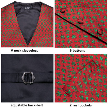 Red Green SnowFlake Novelty Jacquard Silk Vest Set vest set    - Sophisticated Gentlemen