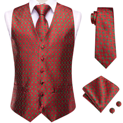 Red Green SnowFlake Novelty Jacquard Silk Vest Set vest set    - Sophisticated Gentlemen