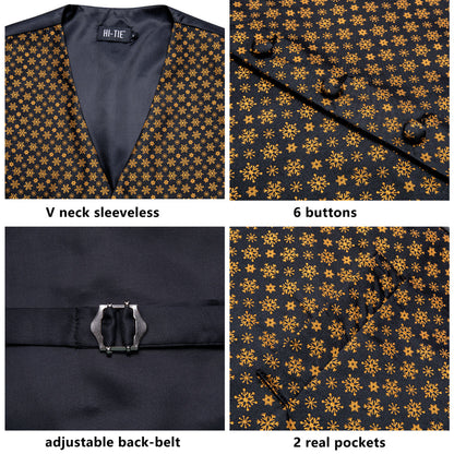 Black Golden SnowFlake Novelty Jacquard Silk Men's Vest Set vest set    - Sophisticated Gentlemen