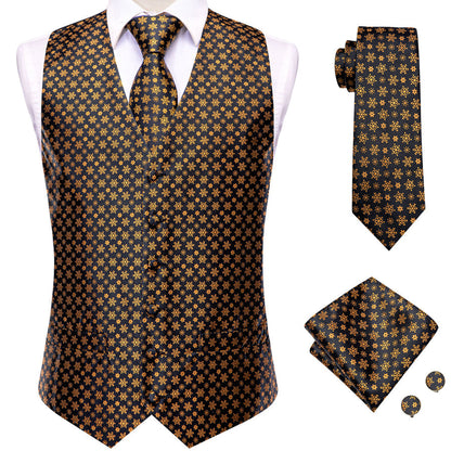 Black Golden SnowFlake Novelty Jacquard Silk Men's Vest Set vest set    - Sophisticated Gentlemen