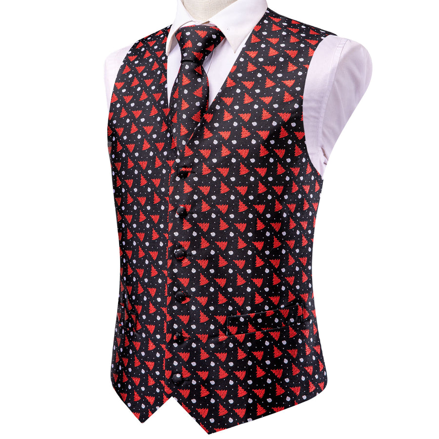 Black Red Tree Christmas Novelty Jacquard Silk Men's Vest Set vest set    - Sophisticated Gentlemen