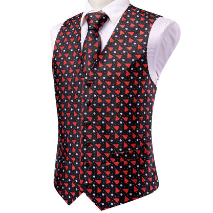 Black Red Tree Christmas Novelty Jacquard Silk Men's Vest Set vest set    - Sophisticated Gentlemen