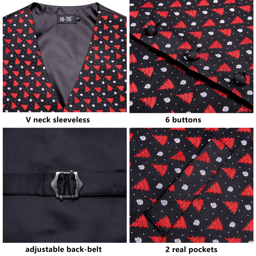 Black Red Tree Christmas Novelty Jacquard Silk Men's Vest Set vest set    - Sophisticated Gentlemen