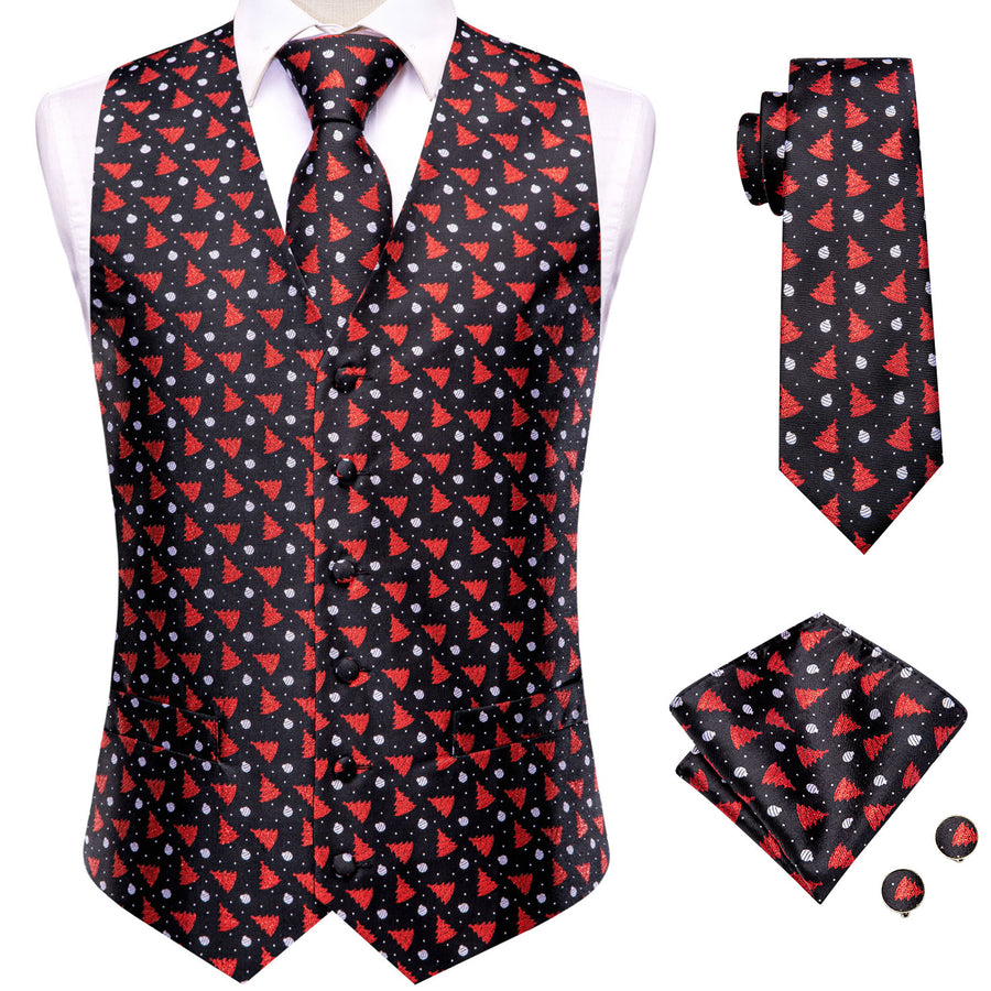 Black Red Tree Christmas Novelty Jacquard Silk Men's Vest Set vest set    - Sophisticated Gentlemen