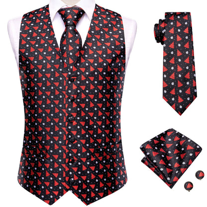 Black Red Tree Christmas Novelty Jacquard Silk Men's Vest Set vest set    - Sophisticated Gentlemen
