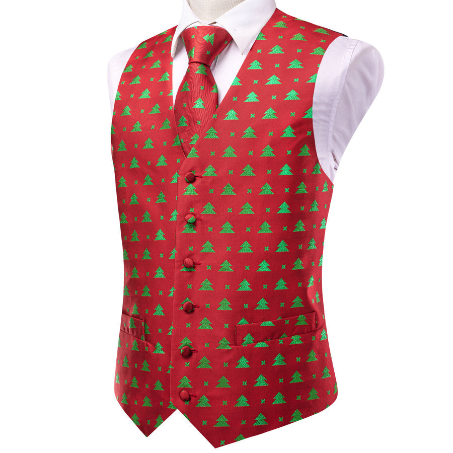 Red Green Christmas Tree Novelty Jacquard Silk Vest Set vest set    - Sophisticated Gentlemen