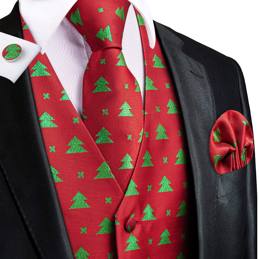 Red Green Christmas Tree Novelty Jacquard Silk Vest Set vest set S (Chest 40")   - Sophisticated Gentlemen