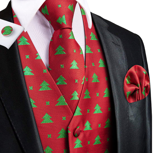 Red Green Christmas Tree Novelty Jacquard Silk Vest Set vest set S (Chest 40")   - Sophisticated Gentlemen