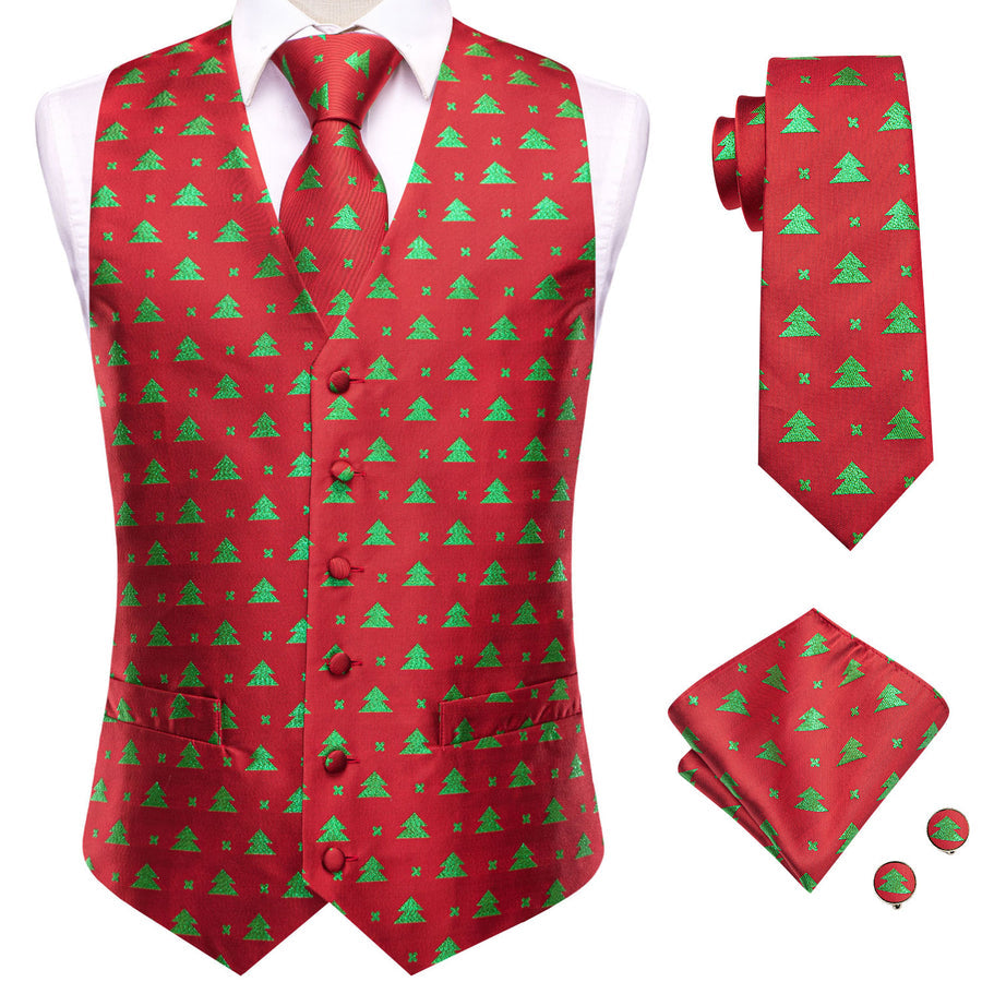 Red Green Christmas Tree Novelty Jacquard Silk Vest Set vest set    - Sophisticated Gentlemen
