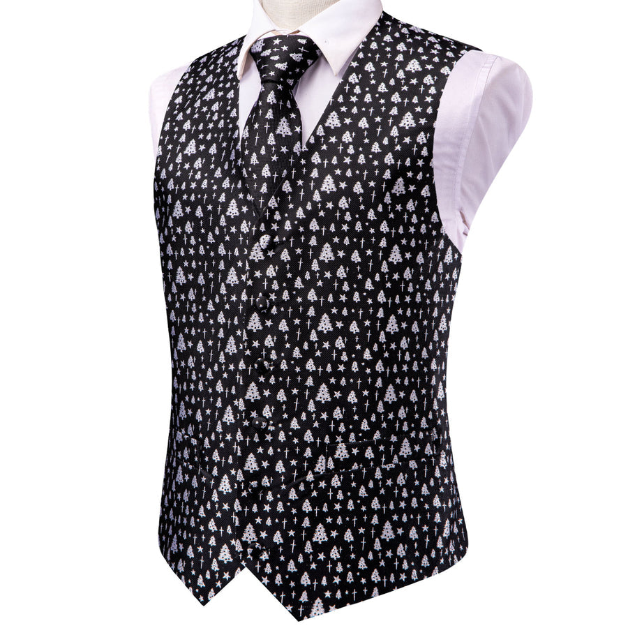 Black White Tree Christmas Novelty Jacquard Silk Men's Vest Set vest set    - Sophisticated Gentlemen
