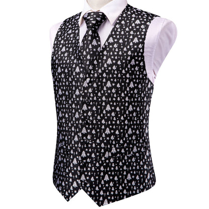 Black White Tree Christmas Novelty Jacquard Silk Men's Vest Set vest set    - Sophisticated Gentlemen