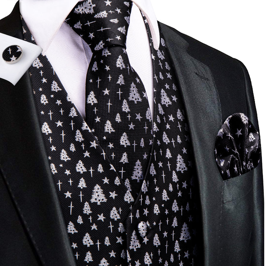 Black White Tree Christmas Novelty Jacquard Silk Men's Vest Set vest set S (Chest 40")   - Sophisticated Gentlemen