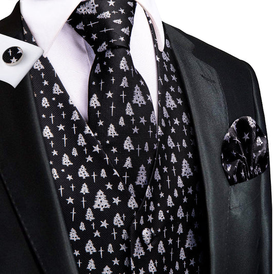 Black White Tree Christmas Novelty Jacquard Silk Men's Vest Set vest set S (Chest 40")   - Sophisticated Gentlemen