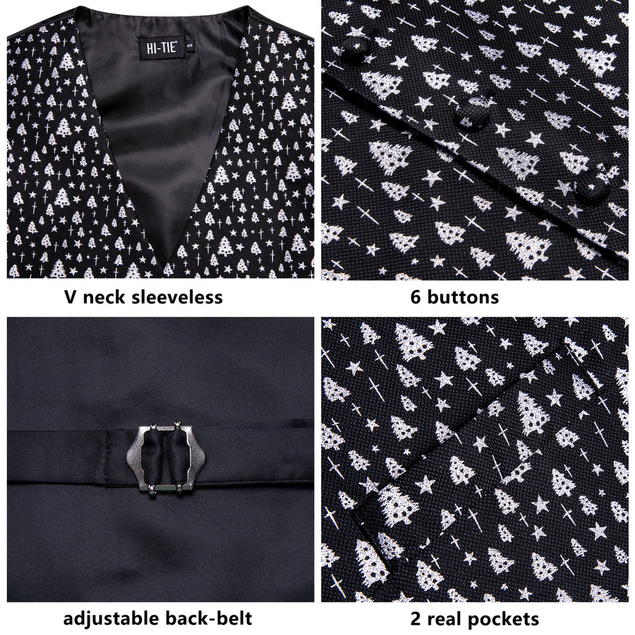 Black White Tree Christmas Novelty Jacquard Silk Men's Vest Set vest set    - Sophisticated Gentlemen