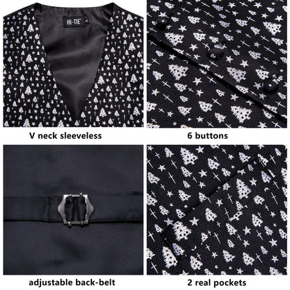 Black White Tree Christmas Novelty Jacquard Silk Men's Vest Set vest set    - Sophisticated Gentlemen
