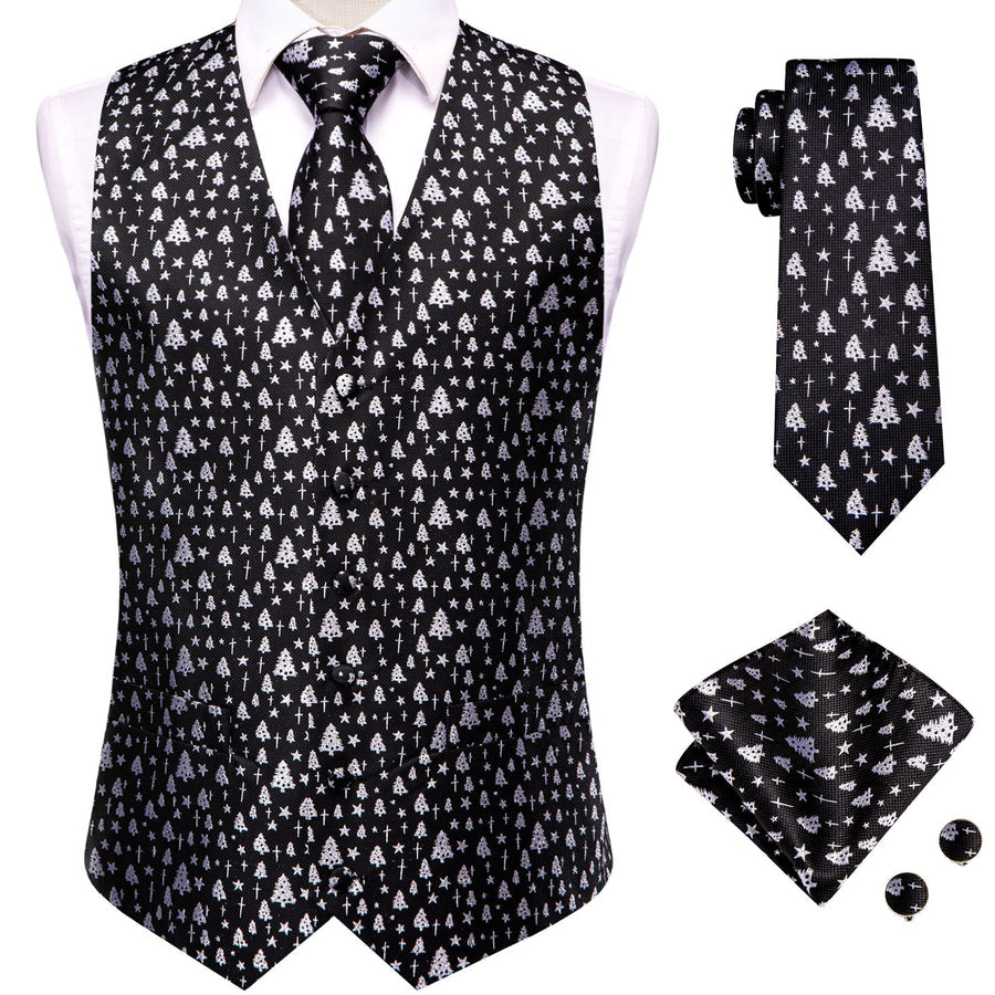 Black White Tree Christmas Novelty Jacquard Silk Men's Vest Set vest set    - Sophisticated Gentlemen