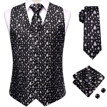 Black White Tree Christmas Novelty Jacquard Silk Men's Vest Set vest set    - Sophisticated Gentlemen