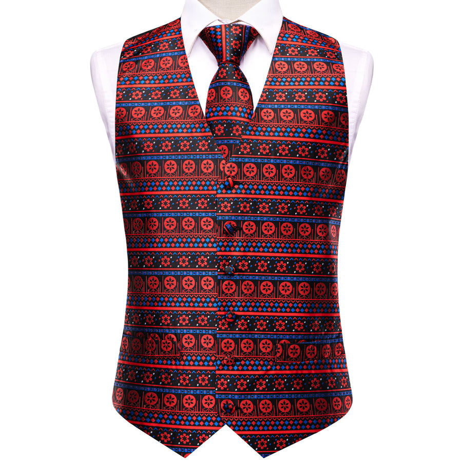 Christmas Black Red Little Flower Novelty Jacquard Silk Men's Vest Set vest set    - Sophisticated Gentlemen