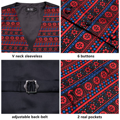 Christmas Black Red Little Flower Novelty Jacquard Silk Men's Vest Set vest set    - Sophisticated Gentlemen