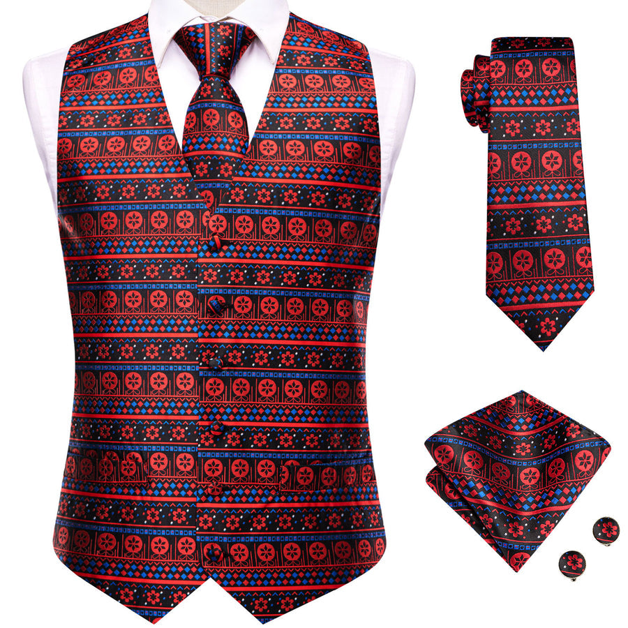 Christmas Black Red Little Flower Novelty Jacquard Silk Men's Vest Set vest set    - Sophisticated Gentlemen