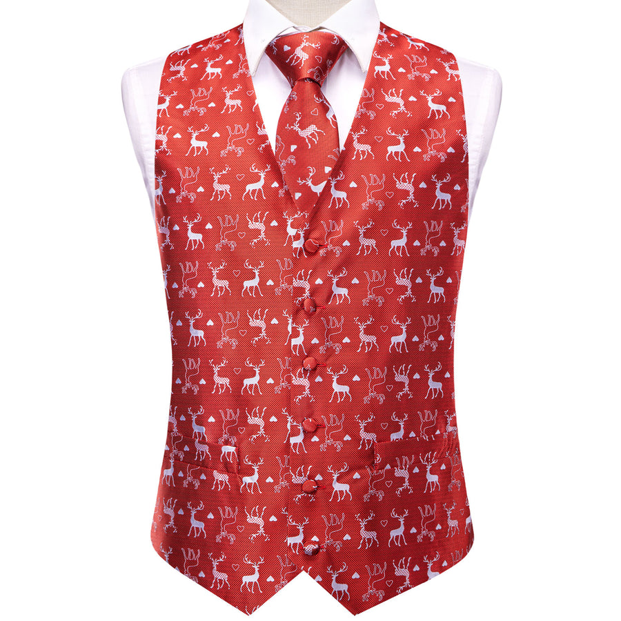 Red White Christmas Deer Novelty Jacquard Silk Vest Set vest set    - Sophisticated Gentlemen