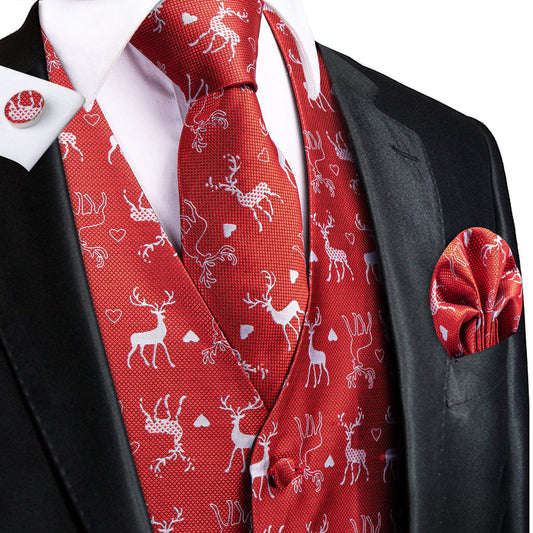 Red White Christmas Deer Novelty Jacquard Silk Vest Set vest set S (Chest 40")   - Sophisticated Gentlemen