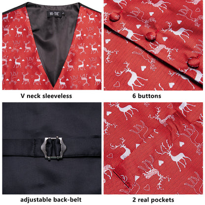 Red White Christmas Deer Novelty Jacquard Silk Vest Set vest set    - Sophisticated Gentlemen