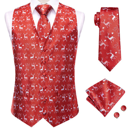 Red White Christmas Deer Novelty Jacquard Silk Vest Set vest set    - Sophisticated Gentlemen