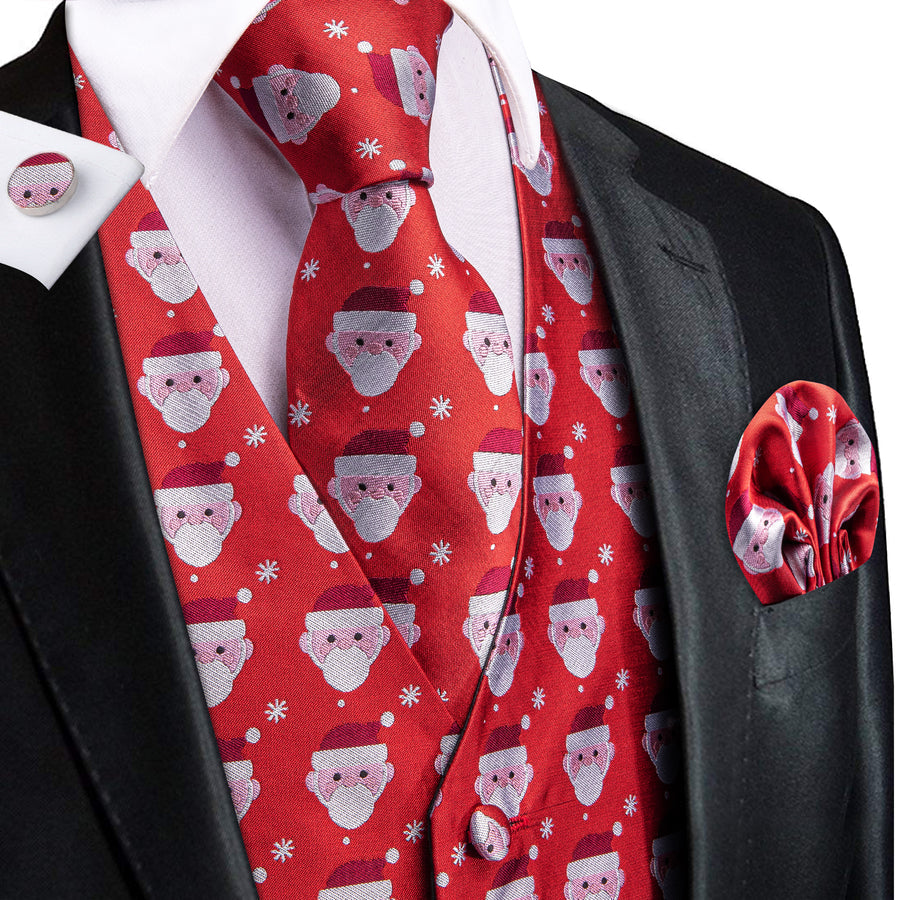 Red White Christmas Santa Claus Novelty Jacquard Silk Vest Set vest set S (Chest 40")   - Sophisticated Gentlemen