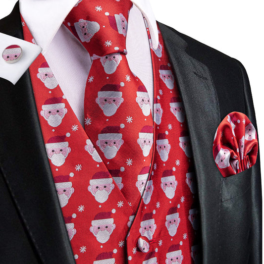 Red White Christmas Santa Claus Novelty Jacquard Silk Vest Set vest set S (Chest 40")   - Sophisticated Gentlemen