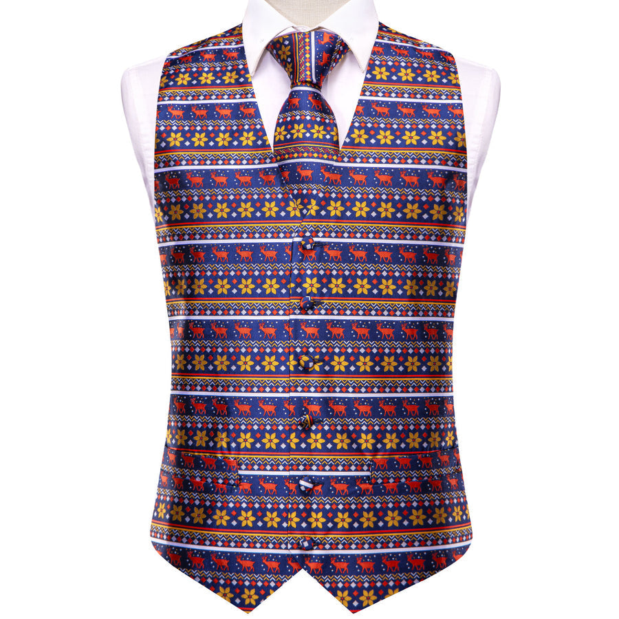 Navy Blue Red Christmas Deer Novelty Jacquard Silk Men's Vest Set vest set    - Sophisticated Gentlemen