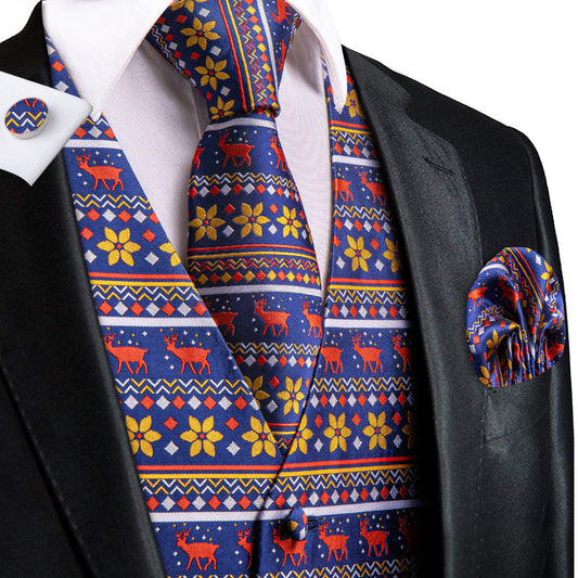 Navy Blue Red Christmas Deer Novelty Jacquard Silk Men's Vest Set vest set S (Chest 40")   - Sophisticated Gentlemen