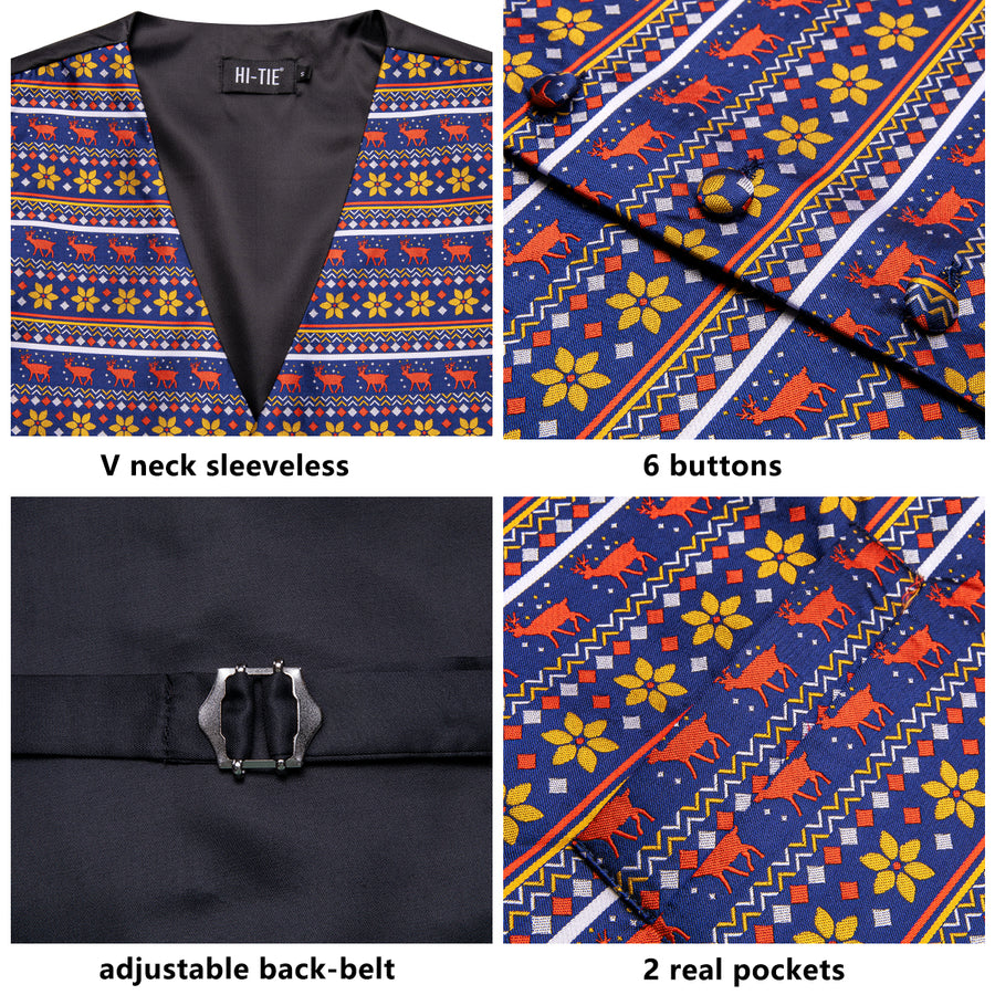 Navy Blue Red Christmas Deer Novelty Jacquard Silk Men's Vest Set vest set    - Sophisticated Gentlemen