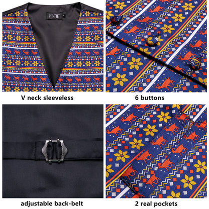 Navy Blue Red Christmas Deer Novelty Jacquard Silk Men's Vest Set vest set    - Sophisticated Gentlemen