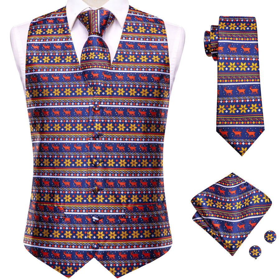 Navy Blue Red Christmas Deer Novelty Jacquard Silk Men's Vest Set vest set    - Sophisticated Gentlemen