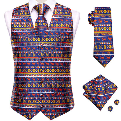Navy Blue Red Christmas Deer Novelty Jacquard Silk Men's Vest Set vest set    - Sophisticated Gentlemen