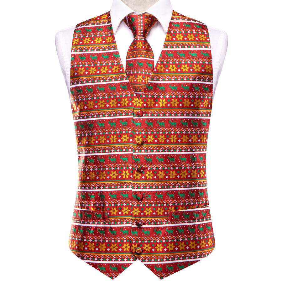 Red Orange Christmas Deer Novelty Jacquard Silk Vest Set vest set    - Sophisticated Gentlemen