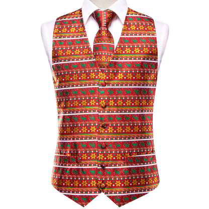 Red Orange Christmas Deer Novelty Jacquard Silk Vest Set vest set    - Sophisticated Gentlemen