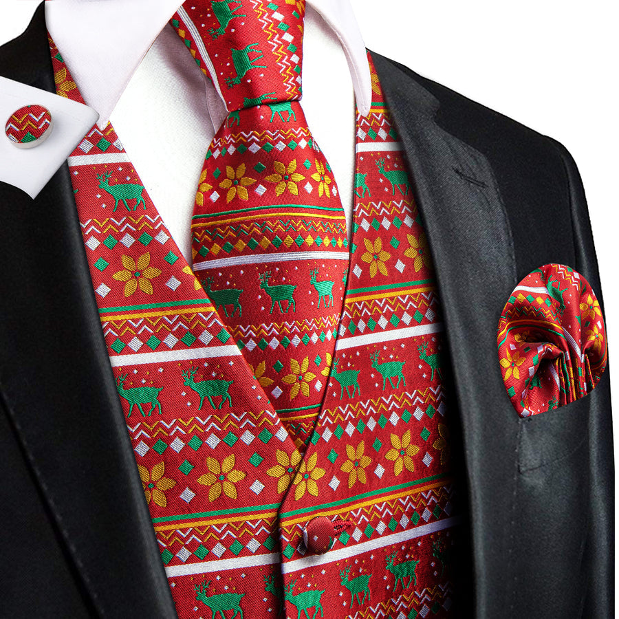 Red Orange Christmas Deer Novelty Jacquard Silk Vest Set vest set S (Chest 40")   - Sophisticated Gentlemen