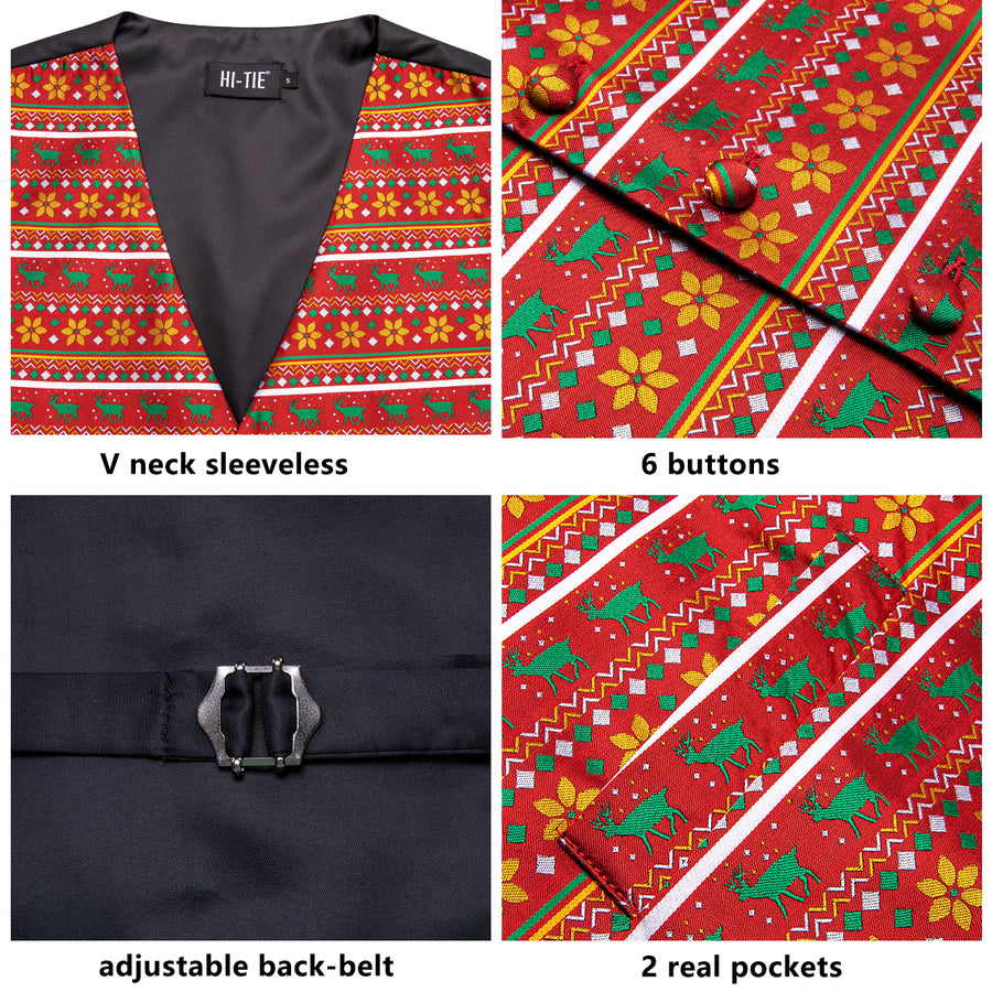 Red Orange Christmas Deer Novelty Jacquard Silk Vest Set vest set    - Sophisticated Gentlemen