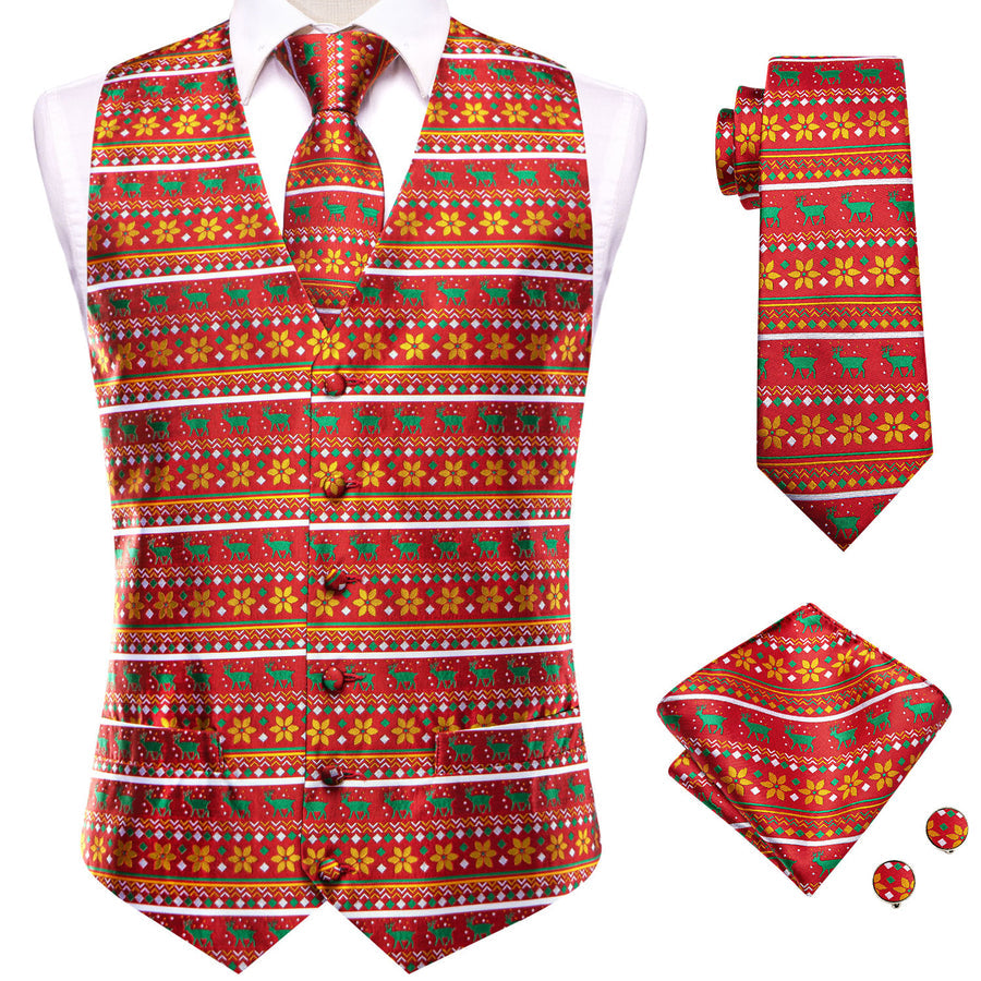 Red Orange Christmas Deer Novelty Jacquard Silk Vest Set vest set    - Sophisticated Gentlemen
