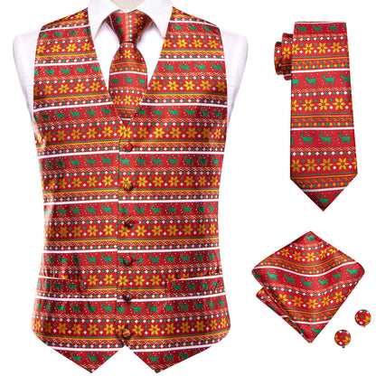 Red Orange Christmas Deer Novelty Jacquard Silk Vest Set vest set    - Sophisticated Gentlemen