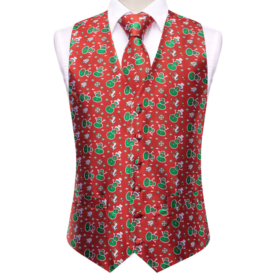 Red Green Christmas Snowman Novelty Jacquard Silk Vest Set vest set    - Sophisticated Gentlemen