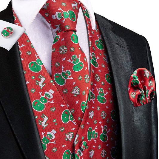 Red Green Christmas Snowman Novelty Jacquard Silk Vest Set vest set S (Chest 40")   - Sophisticated Gentlemen