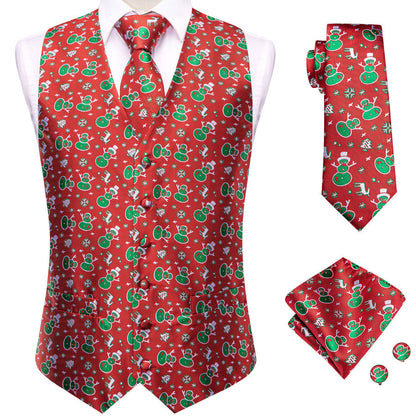 Red Green Christmas Snowman Novelty Jacquard Silk Vest Set vest set    - Sophisticated Gentlemen