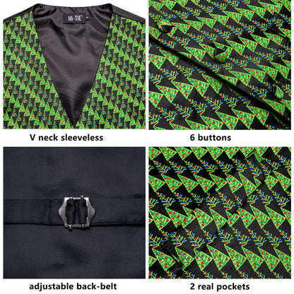 Black Green Christmas Tree Novelty Jacquard Silk Men's Vest Set vest set    - Sophisticated Gentlemen