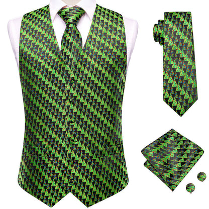 Black Green Christmas Tree Novelty Jacquard Silk Men's Vest Set vest set    - Sophisticated Gentlemen