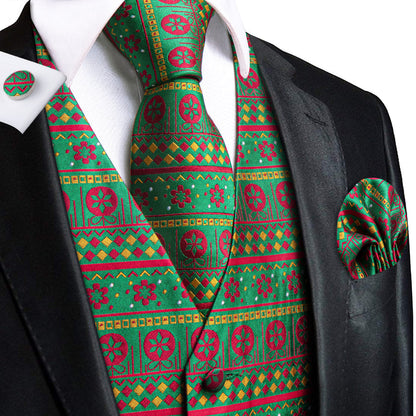 Blue Yellow Christmas Red Flower Novelty Jacquard Silk Men's Vest Set vest set S (Chest 40")   - Sophisticated Gentlemen